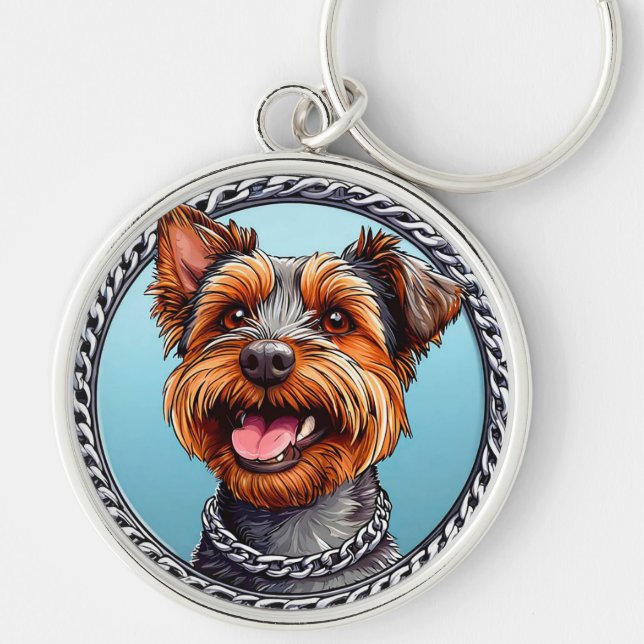 🐶 Söt Terrier Hund För Daglig Bärning 🐶 Rund Silverfärgad Nyckelring (Framsidan)