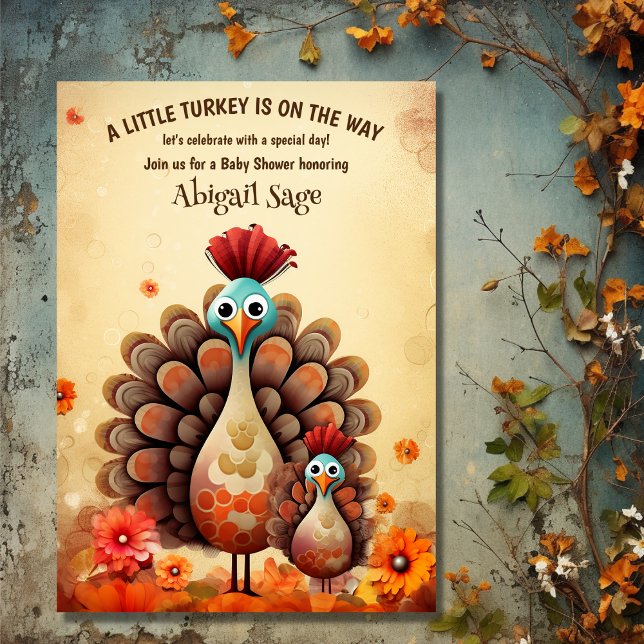 Söt Thanksgiving Mamma och Baby Kalkon Bebis Showe Inbjudningar (Front - Cute Thanksgiving Mom and Baby Turkey Baby Shower Invitation)