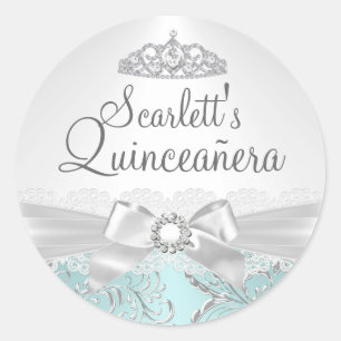 Söt Tiara & Bow Teal Quinceanera-dekal Runt Klistermärke