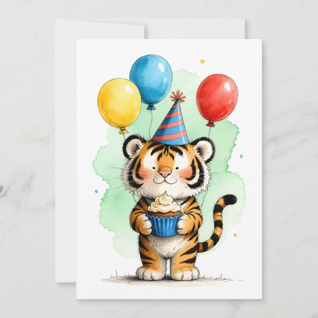 Söt Tiger & Cupcake Barnets Födelsedag Platt Kort (Framsida)