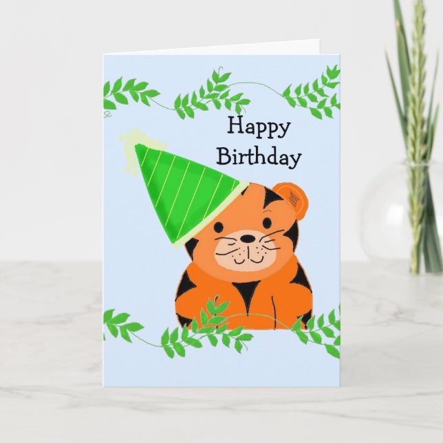 Söt tiger i födelsedagsmössa kort (Framsida)