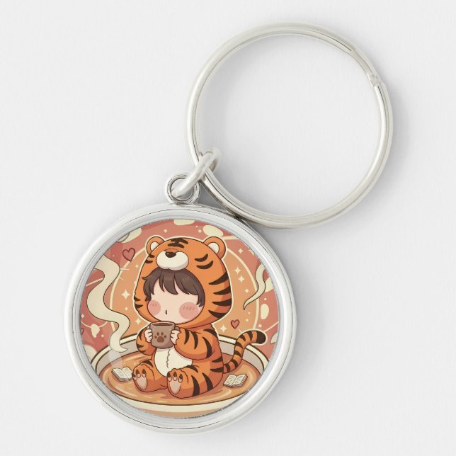 Söt Tiger Kaffe Bok Konst Rund Silverfärgad Nyckelring (Framsidan)