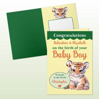 Söt tiger lägg till namn orange grön baby pojke kort
