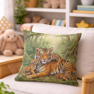 Söt Tiger Mamma Och Ungar Djungeldjur  Kudde