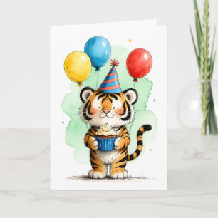 Söt tiger med cupcakes barn födelsedag kort