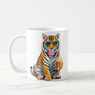 Söt tiger med iskaffe och hjärtformade solglasögon kaffemugg