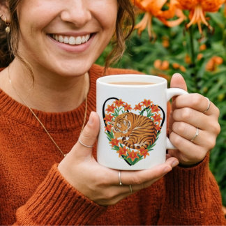 Söt tiger med orange lilja blomhjärta kaffemugg
