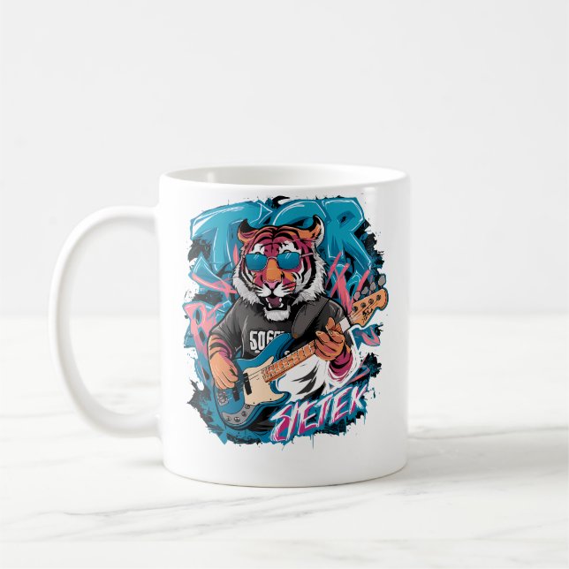 Söt tiger som spelar elbas Djur som spelar gitarr Kaffemugg (Vänster)