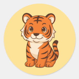 Söt tigerunge på gult runt klistermärke