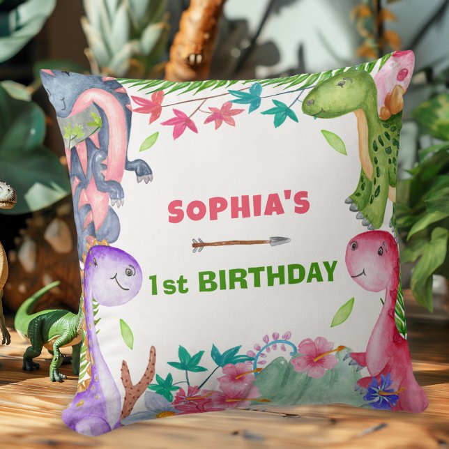 Söt tjej dinosaurie 1-års födelsedagsfest kudde (Skapare uppladdad)