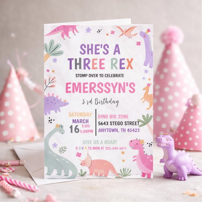 Söt tjej dinosaurie 3-års födelsedag inbjudningar (Skapare uppladdad)