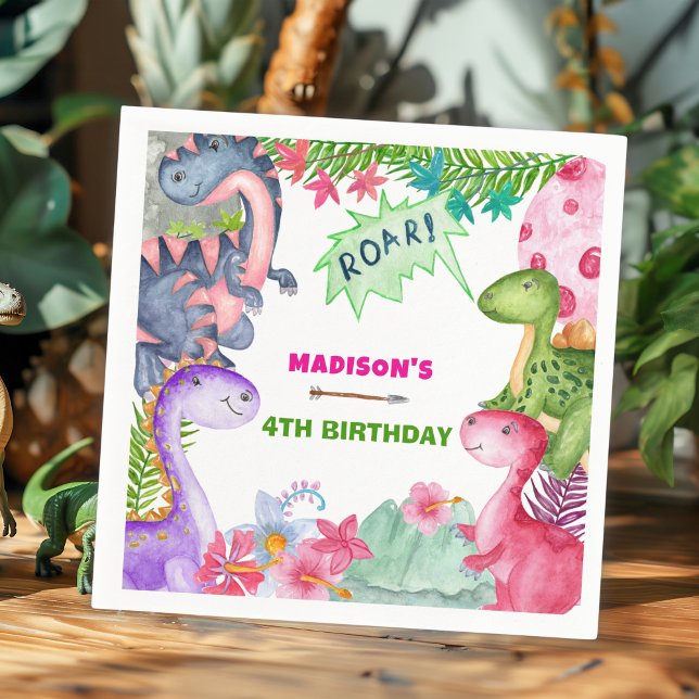 Söt tjej dinosaurie 4-års födelsedagsfest pappersservett (Skapare uppladdad)
