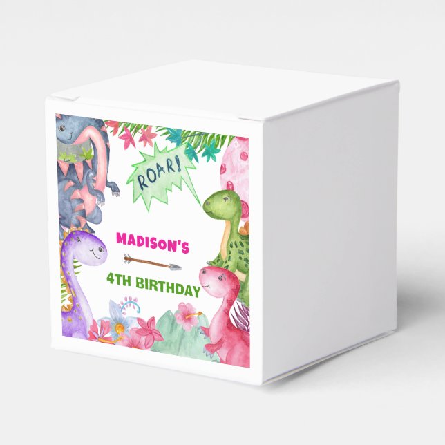Söt tjej dinosaurie 4-års födelsedagsfest presentaskar (Framsidan Sidan)