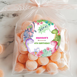 Söt tjej dinosaurie 4-års födelsedagsfest runt klistermärke