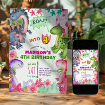 Söt tjej dinosaurie 4-års födelsedagsinbjudan