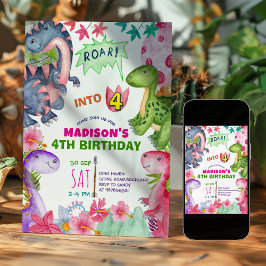 Söt tjej dinosaurie 4-års födelsedagsinbjudan inbjudningar