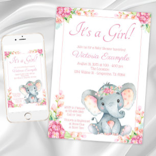 Söt tjej elefant baby shower inbjudningar