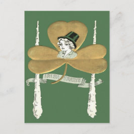 Söt tjej guld Shamrock Shillelagh Vykort