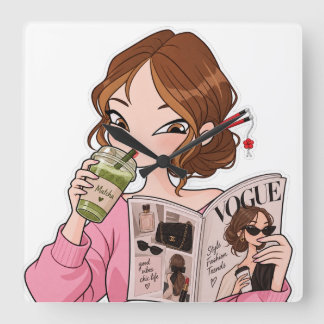 Söt tjej Matcha Mode Estetisk Fyrkantig Väggklocka