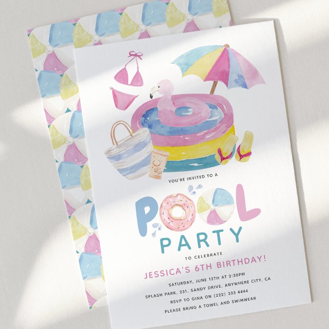Söt tjej poolparty födelsedagsfest inbjudningar (Cute Girly Pool Party Birthday Invitation)