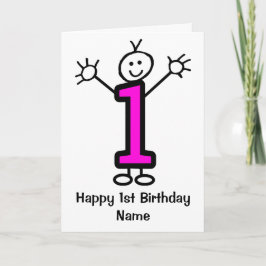 Söt tjej rosa rolig tecknad 1-års födelsedagskort kort