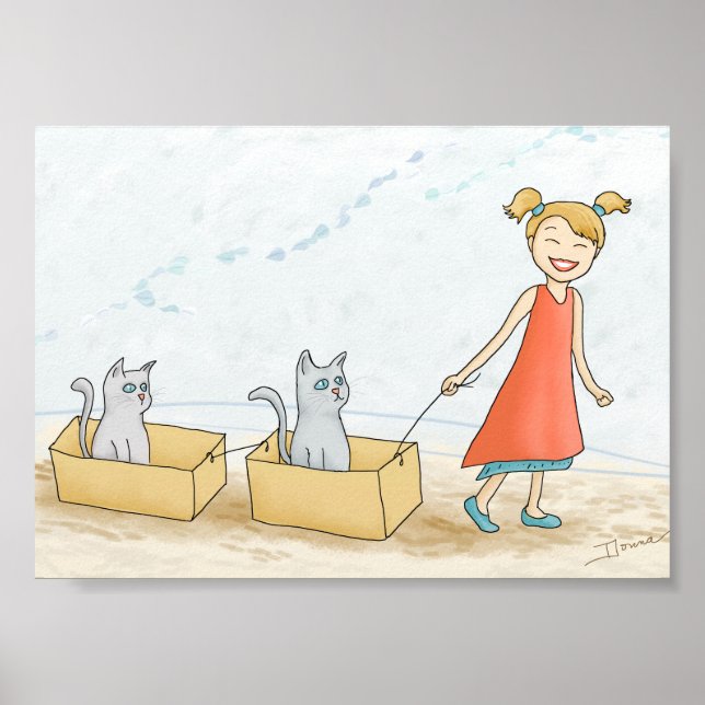 Söt tjej som går kattgrafik poster (Framsidan)
