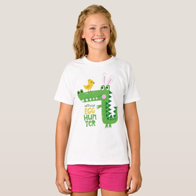 Söt Tjejig Dinosaurie Ägg Jägare T-Shirt (Hel framsida)