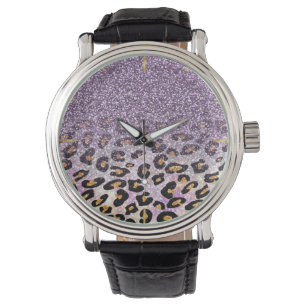 Söt tjejtrendig lila falsk glitter leopard armbandsur