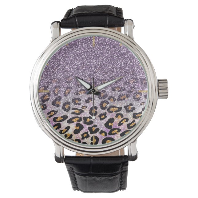 Söt tjejtrendig lila falsk glitter leopard armbandsur (Framsida)