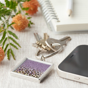 Söt tjejtrendig lila falsk glitter leopard fyrkantig silverfärgad nyckelring