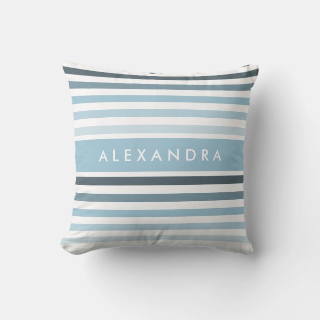Söt Tjockt Rand Mönster och Namn i Aqua Blue Kudde (Framsida)