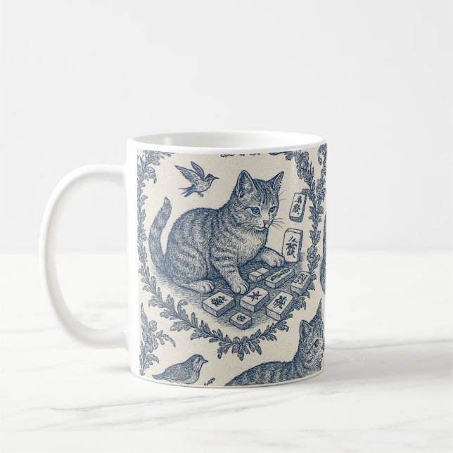 Söt Toile de Jouy Katt och Mahjong Kaffemugg (Vänster)