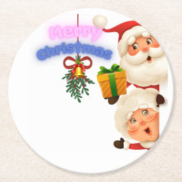 Söt tomte & fru Claus God Jul Hälsning Underlägg Papper Rund