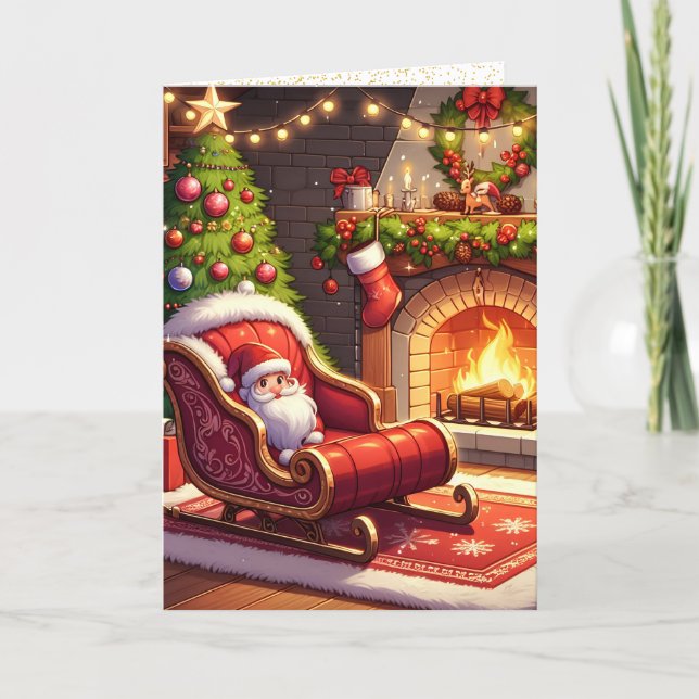 Söt tomte i släde julkort helgkort (Framsida)