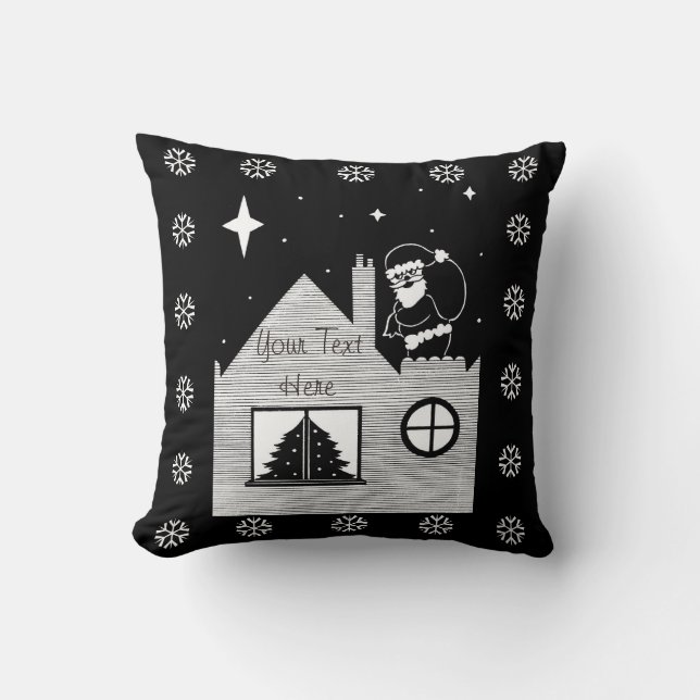 Söt tomte med säck på tak svart och vit kudde (Framsida)