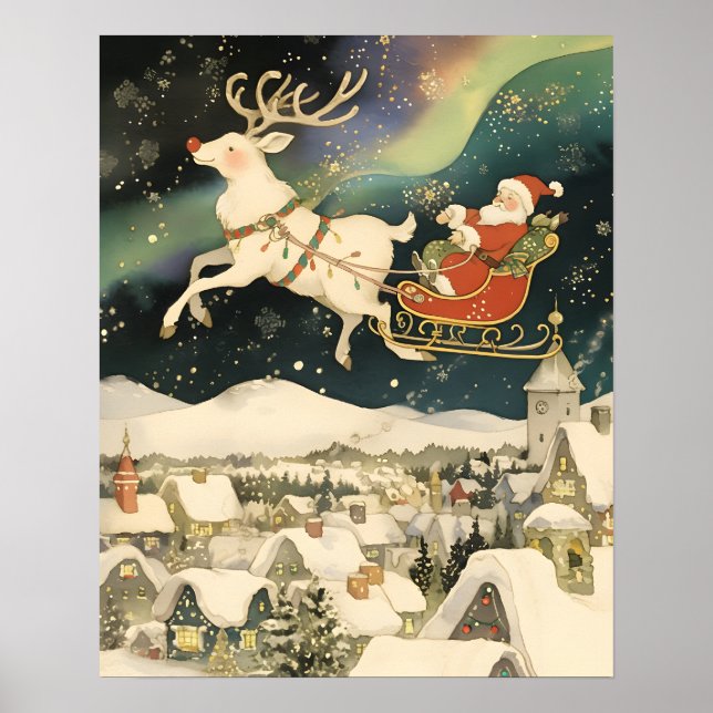 Söt tomte och renar flygande över snöigt samhälle poster (Framsidan)