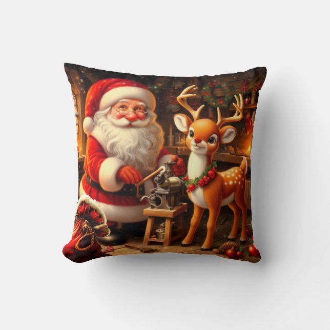 Söt tomte och renar  kudde (Framsida)