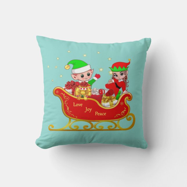 Söt tomte på julsläde på turkos kudde (Framsida)