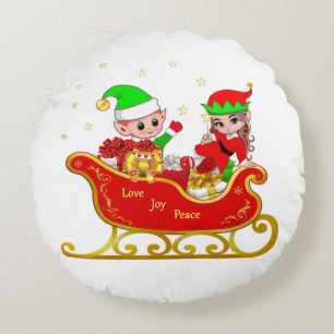 Söt tomte på julsläde rund kudde