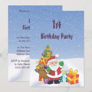 Söt tomte & paket snölandskap 1-årsdag inbjudningar
