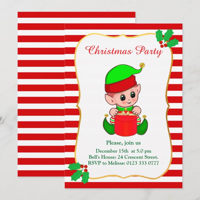 Söt tomte & röd-vit julfestinbjudan inbjudningar (Fram/baksida)