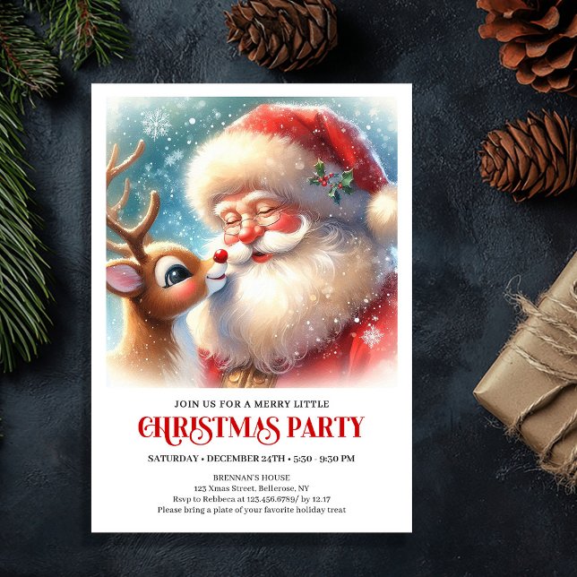 Söt tomte Rudolf Höstlov Familje Fröjdefest  Inbjudningar (Cute Santa Claus Rudolph Holiday Family Joy Party Invitation

)