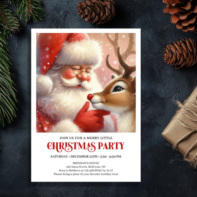 Söt tomte Rudolf mysig julfest  Inbjudningar (Cute Santa Claus Rudolph Cozy Christmas Eve Party Invitation

)