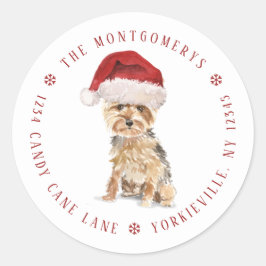 Söt tomte yorkie jul returadress runt klistermärke