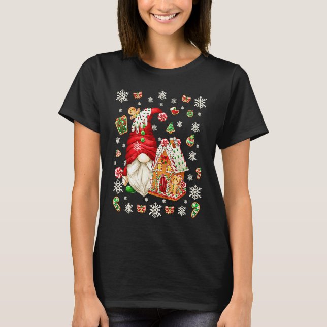 Söt tomtegnom med pepparkakshus & snöflinga t shirt (Framsida)