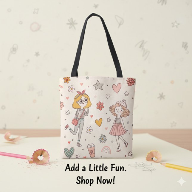 Söt Tote-bag Med Klotterflickor Tygkasse (Cute Doodle Girls Full-Print Tote Bag)