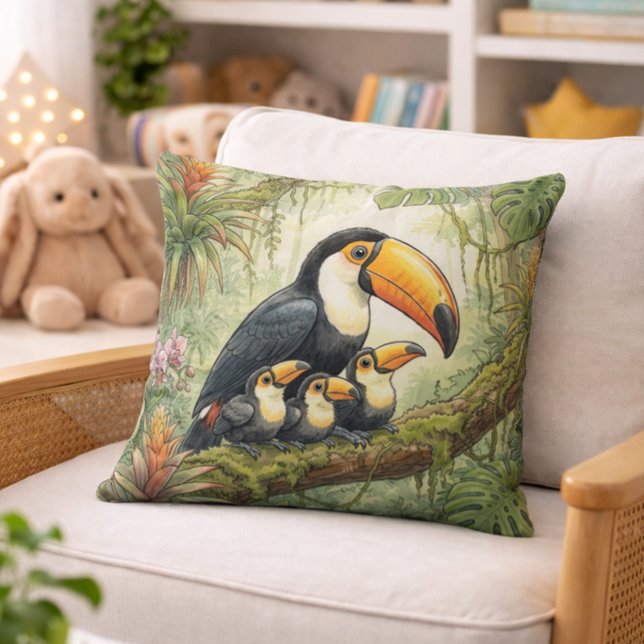 Söt Toucan Mamma Och Kycklingar Djungeldjur  Kudde (Skapare uppladdad)