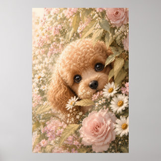 Söt Toy Poodle Bland Rosor Poster
