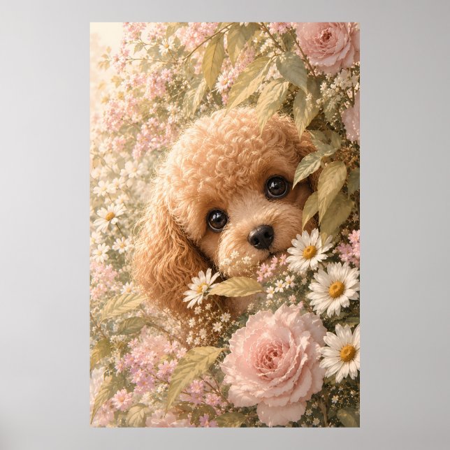 Söt Toy Poodle Bland Rosor Poster (Framsidan)