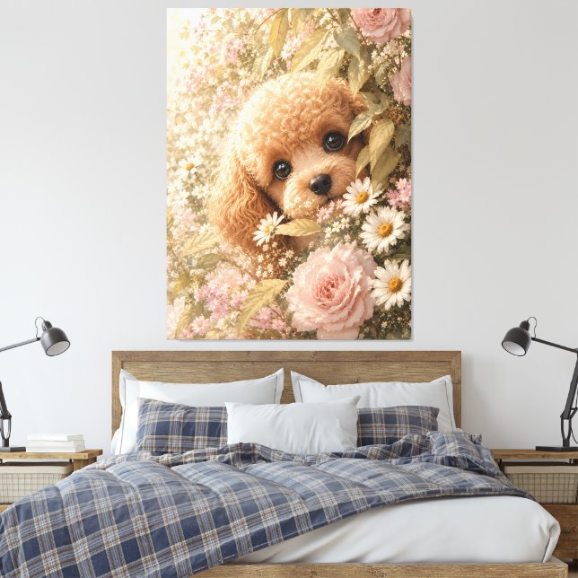 Söt Toy Pudel Bland Rosor Canvastryck (Insitu (sovrum))